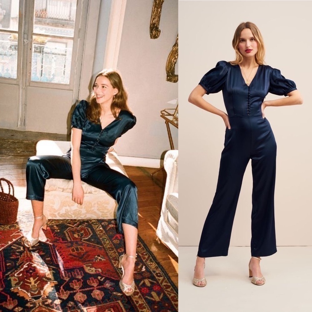 Rouje Jumpsuit Line Satin Buttoned‎ Puff-Sleeve Navy Wedding Marine 34 NWT